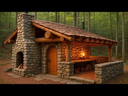 new house of stone and logs in the woods