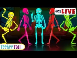 🔴 🚌💀 Wheels On The Bus With Five Skeletons 🚌💀 + Spooky Scary Skeletons Songs | Teehee Toli