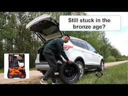 Timelapse video on use of electric jack and powerful electrical lug nut tool.