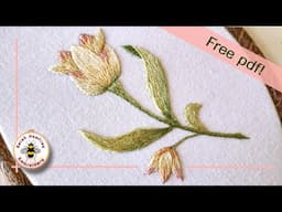 Tulip flower thread painting embroidery in silk floss. Free design pdf
