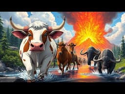 Volcano Eruption Escape! Mammoth Rescues Cow, Horse & Buffalo in a Thrilling Mission!