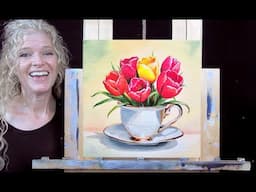 TULIPS AND TEACUP- Learn How to Draw & Paint with Acrylics- Easy Beginner Acrylic Painting Tutorial