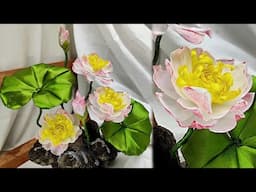 DIY ribbon lotus/how to make lotus flower from satin ribbon/flower tutorial