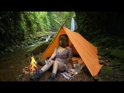 Solo Bushcraft Girl | Peaceful Camping Before Waterfall with Relaxing Water Sounds & Cooking