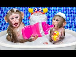 KiKi Monkey prepares Colorful Milk to Takes Care of Cute Baby Monkey at home | KUDO ANIMAL KIKI
