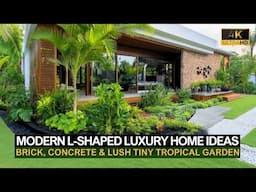 Modern L-Shaped Luxury Homes with Brick, Concrete & Lush Tiny Tropical Garden Ideas