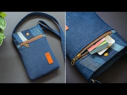 DIY Small Denim Crossbody Bag With Patchwork Accent Out of Old Jeans | Bag Tutorial | Upcycle Craft