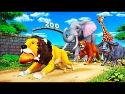 Lion King Steals Food from Farm Animals! Bison, Elephant & Bear Fight Back in Epic Jungle Battle