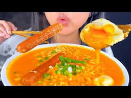 ASMR CHEESY SAUSAGE, SOFT BOILED EGG, ROSE BULDAK NOODLES (EATING SOUNDS)