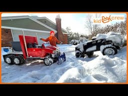 Plowing road and rescuing stuck truck with kids semi tractor snow plow truck. Educational | Kid Crew