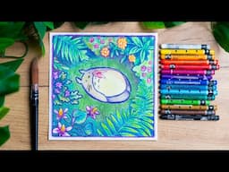 How to Paint a Studio Ghibli Scene using ONLY Neocolor 2 Crayons!