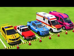 TRANSPORTING DACIA, CHEVROLET, VOLKSWAGEN POLICE CARS & MERCEDES AMBULANCE CAR WITH TRUCKS ! FS22