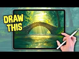 EASY PROCREATE Landscape Drawing Tutorial - Spring Bridge