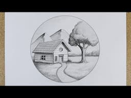 how to draw scenery with pencil step by step | landscape on circle | pencil drawing