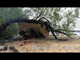 SOLO Rainy Camp on a Deserted Beach under a Tree | Tarp + Tent