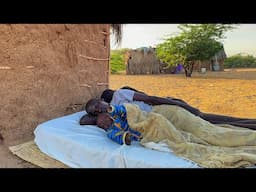 A very Beautiful Family sleeping Outside At Night in the Village/Cooking Cassava leaves