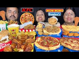 KFC VS DOMINOS PIZZA VS WOW MOMO EATING CHALLENGE CHICKEN BUCKET, BURGER, SMOKY CHICKEN, ROLL