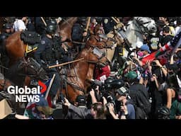 LA protests: Tear gas, arrests after standoff with mounted police and military