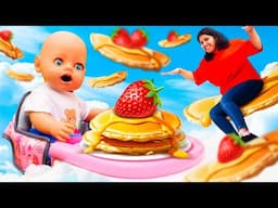 Baby dolls' morning routine. Baby doll having fun in the playroom. Pretend to play cooking food.
