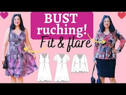 GORGEOUS BUST RUCHING + GOLD fit & flare. Fiesta (Sinclair Patterns). Winter & summer versions.