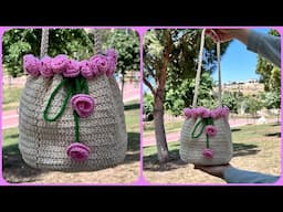 ÇOK GÜZEL VE KOLAY 😍 GÜL BUKETİ KESE ÇANTA YAPIMI 🌹CROCHET BOUQUET ROSE TOTE BAG PATTERN #crochet