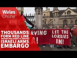 Thousands form red line around Parliament to demand arms embargo on Israel