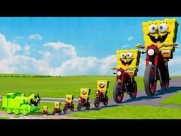 Big & Small SpongeBob on a Motorcycle VS Poppy Playtime Trains - BeamNG.drive