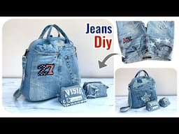 sewing ideas transform 1old jeans into backpack/shoulder bag/handbag/tote bag tutorial, cosmetic bag