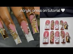 ACRYLIC PRESS ON TUTORIAL🤍 | Gold Chrome nail art tutorial for beginners, nail art, maintenance vlog