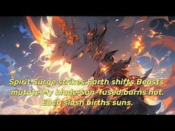 Spirit Surge strikes.Earth shifts.Beasts mutate.My blade,Sun-fused,burns hot.Each slash births suns.