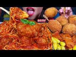 ASMR TOMATO SPAGHETTI, GIANT MEATBALL, MOZZARELLA BALLS, CHILI KIMCHI MASSIVE Eating Sounds