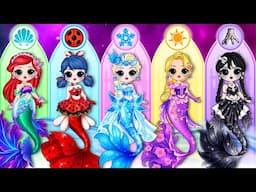 Disney Princess, Wednesday & Ladybug Turn Into Mermaid | DIY Paper Dolls Fashion