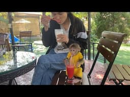 Mom took monkey Abi out for coffee to relax after school