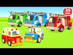 The fire truck, the police car, the manipulator and the ambulance help the plane with landing.