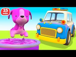 Where is the puppy's kennel? The police car rushes for help in Helper cars cartoon for kids.