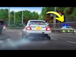 CRAZY Mitsubishi Evos SEND IT in Front of POLICE Leaving a Car Meet!
