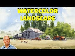 Watercolor landscape tutorial including old farm buildings cars and tractors. Watercolour lesson.