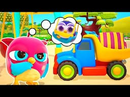A new swings for friends! A toy baby penguin wants to try it too and Hop Hop the owl helps him.