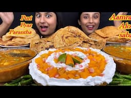 Eating Aamras with Pyaz Parantha and Puri with Aloo Sabzi Challenge 😋|Eating Challenge