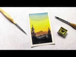 Watercolor mountain sunset scene for beginners » How to paint a mountain town painting tutorial