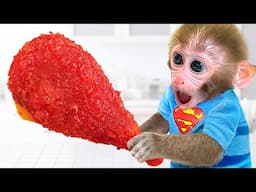 Monkey Baby Bon Bon eats rainbow fried chicken and plays with baby ducklings in the park