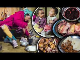 Pork Meat & Blood mix curry cooking & eating in village || Traditional style pork Recipe making