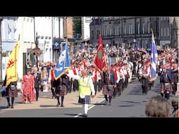 Linlithgow Marches afternoon parade around the City and Market Cross in Scotland with marching bands