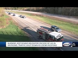 Burning Jeep sparks brushfire on side of Route 101 in Raymond, traffic shut down as crews respond