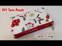 SUPER EASY !!! DIY Twin Pouch / Purse Making at Home | Double zipper pouch tutorial | Makeup pouch
