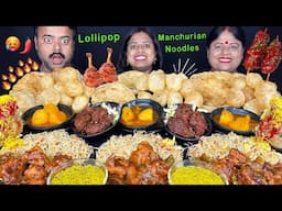INDIAN STREET FOOD NOODLES CHICKEN MANCHURIAN, LOLLIPOP, PURI ALOOR DUM, FUCHKA EATING CHALLENGE