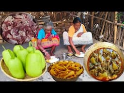 POTATO FRY And BOTTLE GOURD with MUTTON CURRY cooking &eating by our grandma in her tribal style||