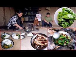 Rita cooks pork & mustard vegetable curry for lunch in her shed for her husband and son ||