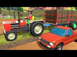 Little Tractor in Trouble – Red Pickup Brings a Wooden Trailer and New Tire!