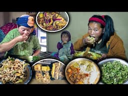 Dry Pork, Dry Barela and Watercress Recipe with rice in the village kitchen || New nepali food vlog